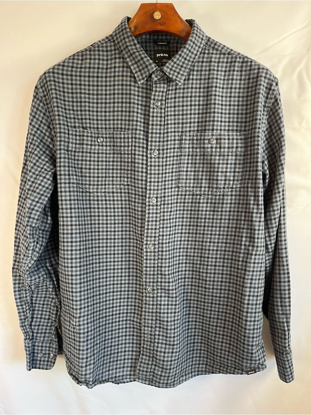 PrAna Organic Cotton Travel Flannel Shirt XL Gray Check Hidden Security Pocket
